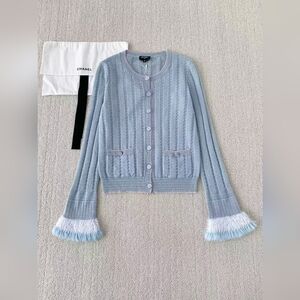 Chanel Blue Cardigan with Fringe Cuffs